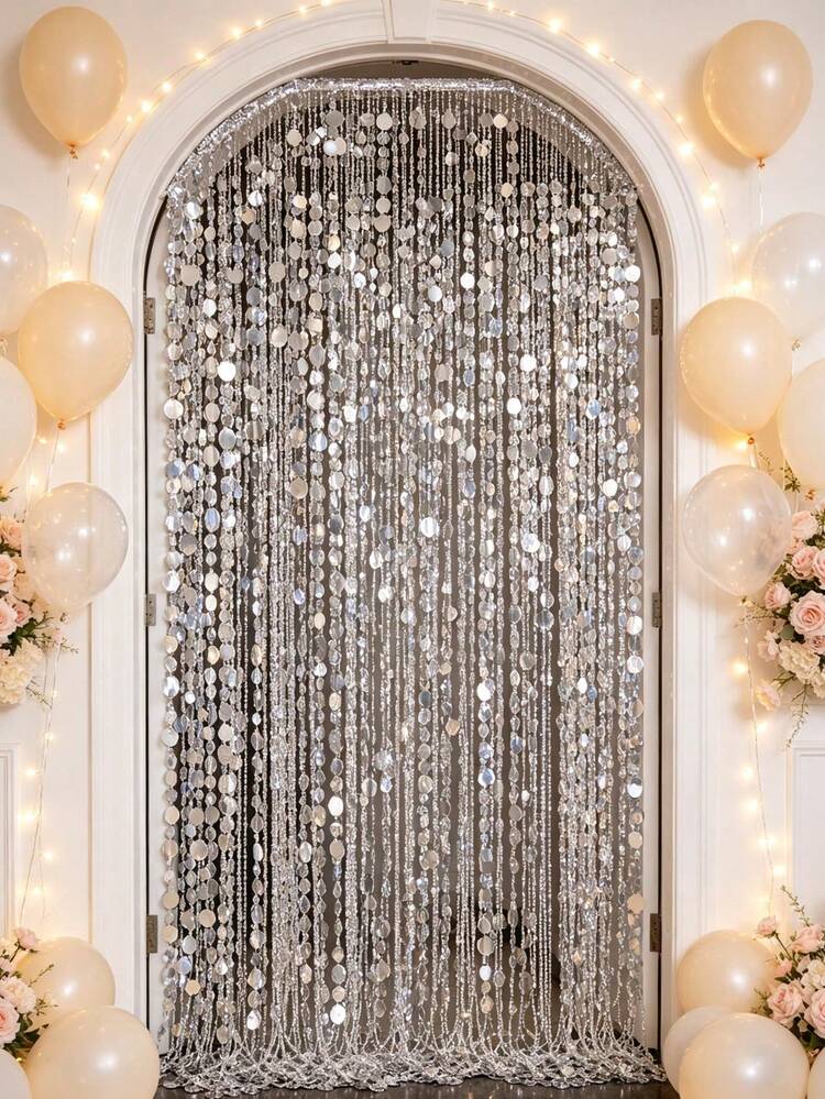 5/10pcs 100cm Round Sequin Bead Curtain, Birthday Party Backdrop Fringe Decor, Birthday Party Supplies, Hanging Fringe Backdrop, Wedding Decoration Banner, Gender Reveal Theme Party Supplies, Baby Shower Decor, Wedding Party Decor, Room Decor, Photo Booth Backdrop Props, Christmas Party Decor, 2027 New Year Decor - Silver Round - View 6