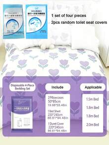 Disposable Double-Wide Thickened 4-Piece Bedding Set For Hotel Stay, Disposable Bed Sheet And Pillowcase, Travel Essential - Multicolor - View 11