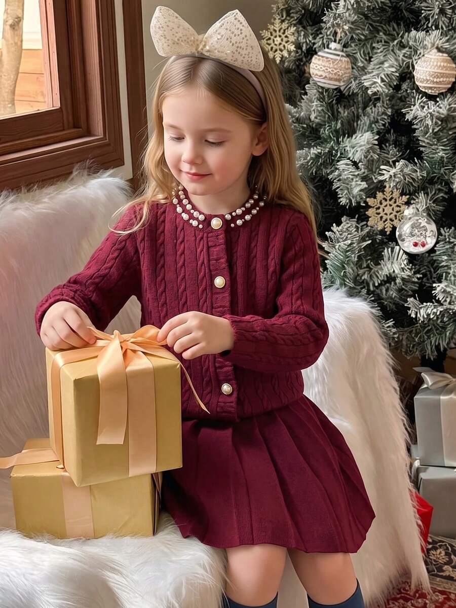 Girls' Spring/Autumn/Winter Christmas Red Sweater Set, Fashionable Beaded Decor Pearl Button Cardigan Sweater + Solid Color Pleated Skirt 2 Pieces Set