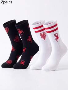 2/4 Pairs Men's Gothic Style Halloween AB Mid-Calf Socks, Printed With Spider And Spider Web Patterns, Fun Mid-Calf Socks, Versatile And Comfortable, Suitable For Halloween, Daily Sports Wear, Back To School Season, Perfect Gift - Multicolor - View 9