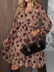1pc Vintage Floral Print Woven Fabric Cross Long Sleeve Cinched Waist Ruffle Hem Dress, Suitable For Daily Commute, Date, Party, Autumn - Khaki - View 2