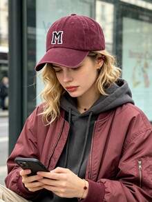 1pc Customized A-Z Letter Washed Vintage Baseball Cap, Burgundy Soft Top Dad Hat, Spring/Autumn Unisex Streetwear Y2K Retro - Burgundy - View 2