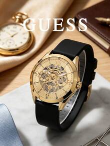 Guess Men's Vintage Styled Openwork Watch Rich Chocolate Leather Strap Warm Tone Bezel Roman Numeral Track Analog Quartz Wristwatch Business Promotions Gift - one-size - View 14