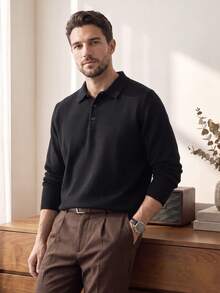 Men's Lightweight Knitted Pullover Sweater With Polo Collar, Autumn/Winter, Long Sleeve Top - Black - View 1