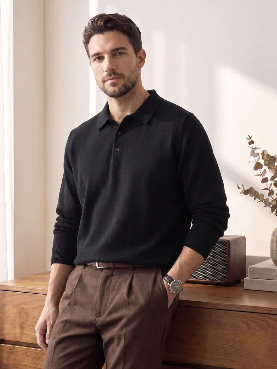Men's Lightweight Knitted Pullover Sweater With Polo Collar, Autumn/Winter, Long Sleeve Top - Black - View 1