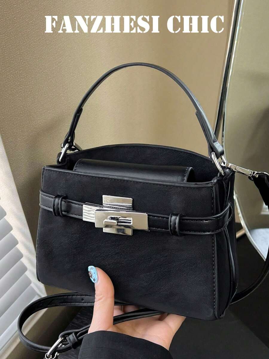 Matte Textured Fabric Handbag With Exquisite Metal Hardware Details, Clean And Relaxed Minimalist Sophisticated Style, Suitable For Commuting, Shopping, Dating, Gathering And Outing, High-End Intellectual Niche Design Horizontal Tote Bag - Black - View 1