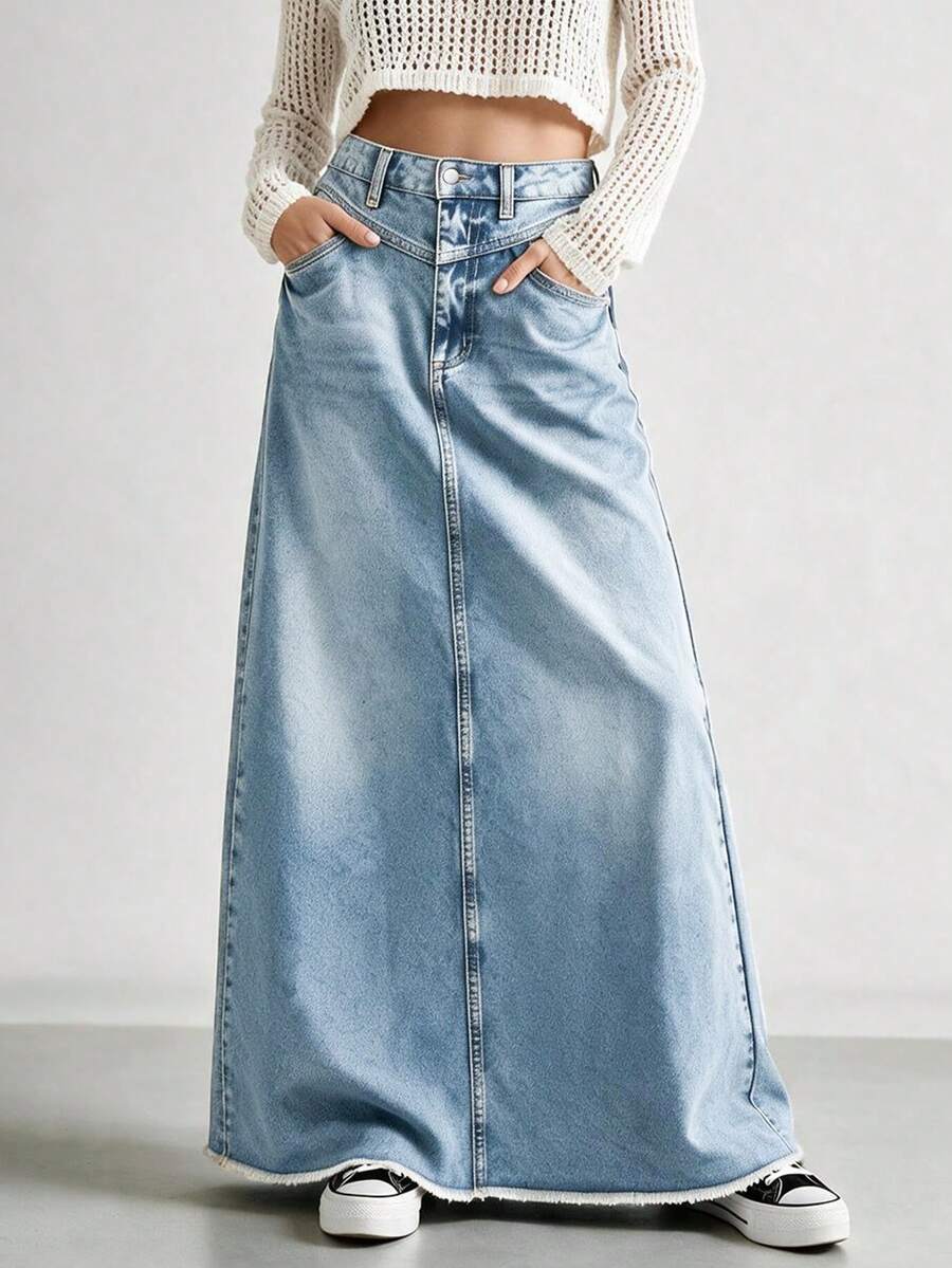 女士前扣口袋极简牛仔半身裙，休闲流苏长裙，适合户外穿着，优雅蓝色街头风半身裙，春季款