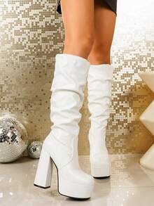 New Women's Chunky Heel Waterproof Platform Slender Leg Elastic Ruched Knee-High Fashion Boots - White - View 5