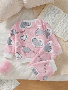 Infant Girls Pink & White Heart Print White Ribbed Cuffed Comfortable Long Pants & Long Sleeve 2 Pieces Set Autumn/Winter Loungewear - Multicolor - View 2