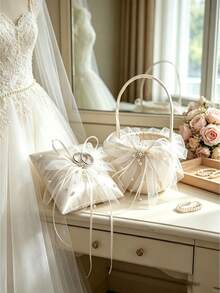 Wedding Flower Basket Ring Pillow, Large Ring Pillow - Wedding Lace Flower Basket Lace Pearl Ivory Ring Tray Wedding Party - View 5