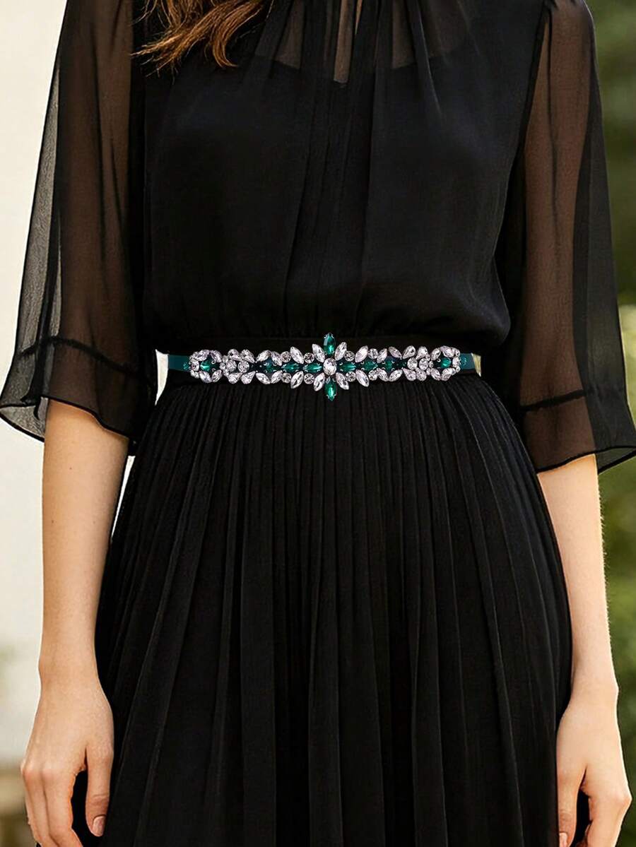 1pc Elegant Green Rhinestone Wedding Belt, Summer Waist Sash, Luxury Decorative Accessory For Wedding Guests Bridesmaids - Dark Green - View 1
