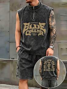 [Simple]Men's Retro Washed Half-Pan Zipper Vest And Cargo Shorts Set, Summer Men's Printed Set, Comfortable Summer Streetwear - Black - View 3