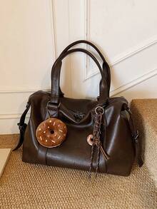 Nicekee Casual And Stylish Large Capacity Handbag With Pendant, Retro And Simple Solid Color Shoulder Bag, Suitable For Commuting Shopping - Coffee - View 8