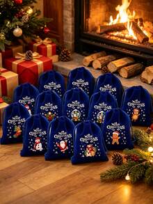 6pcs Christmas Gift Bags, Christmas Velvet Drawstring Gift Bags - Blue Drawstring Closure, Holiday Santa Claus, Snowman And Christmas Tree Pattern - Luxury Party Gift Packaging, Suitable For Party Gifts And Holiday Decorations, Packaging Christmas Party Favors - Multicolor - View 6