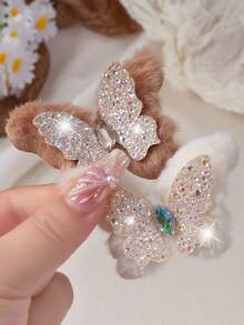 823pcs Milk Coffee Vintage Academy Style Plush Hair Accessories Set, Suitable For Girls. Plush Rhinestone Bows, Pom Poms, Plaid Flowers, Glitter Plush Butterfly Hair Clips, Water Drop Bangs Clips, Mini Claw Clips And Multiple Basic High Elastic Hair Ties. Can Be Used For Daily/Party/Outing - Multicolor - View 8