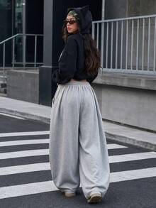 Women's Light Gray Wide Leg Sweatpants, Oversized Loose Drawstring Elastic Waistband Pocket Pants, Autumn Back To School Streetwear Style Sports - Light Grey - View 11