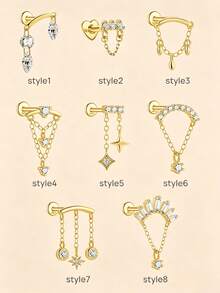 1pc 925 Sterling Silver Tassel Chain Earring, Delicate Cartilage Ear Stud, Flat Back Earring For Women - Gold - View 2