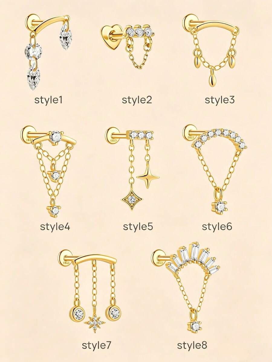 1pc 925 Sterling Silver Tassel Chain Earring, Delicate Cartilage Ear Stud, Flat Back Earring For Women