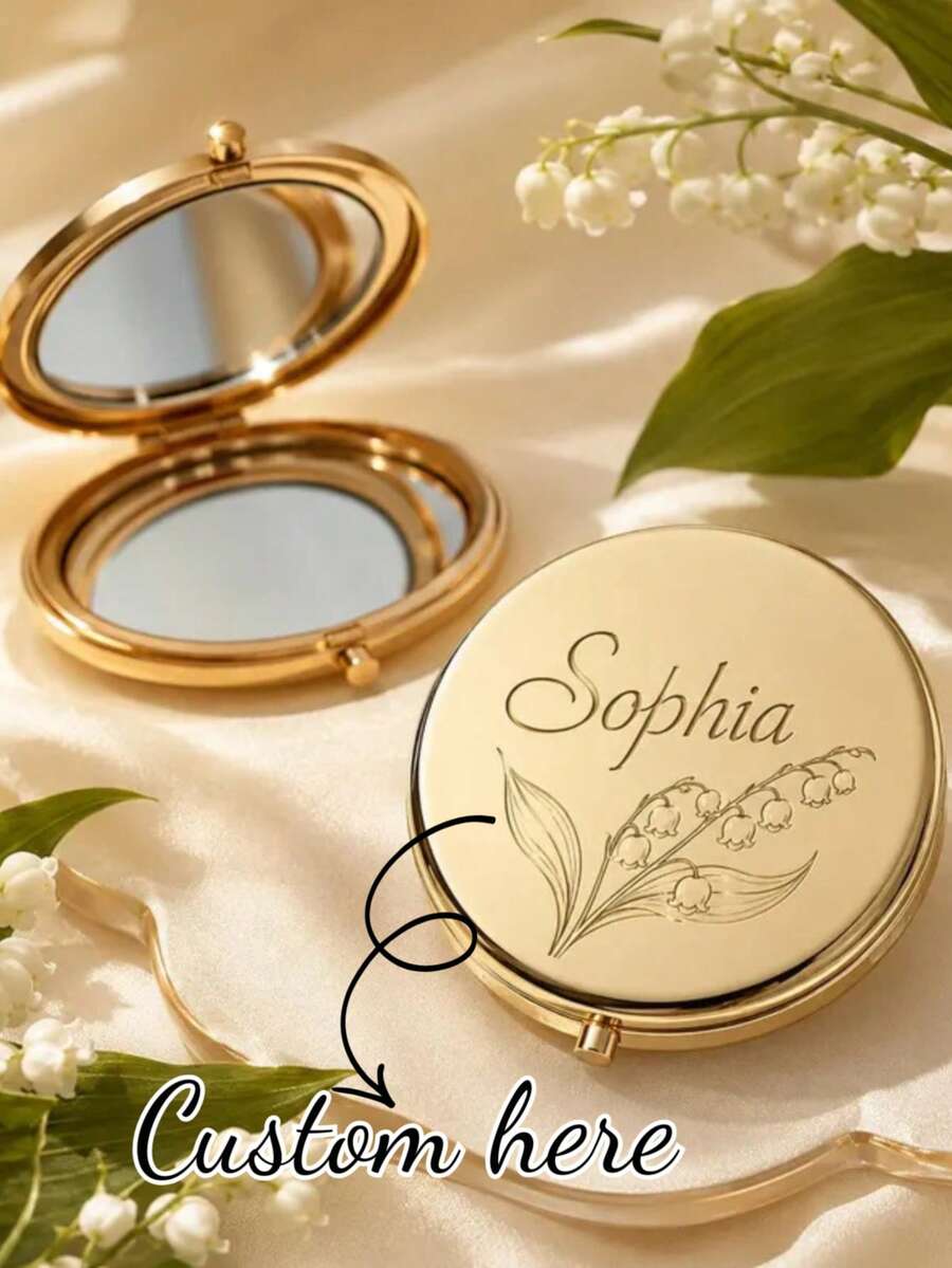 1pc Personalized Customized Round Folding Makeup Mirror, Portable Double-Sided High-Definition Travel Mirror, Metal Vintage Frame Design, Supports Name Letter Floral Pattern Customization, Exquisite Compact Travel Makeup Mirror, Girls Beauty Mirror, Wedding Bridesmaid Gift, Birthday Gift, Anniversary Gift, Elegant Minimalist Style Desktop Mirror, Daily Makeup Storage Accessory - Multicolor 1 - View 1