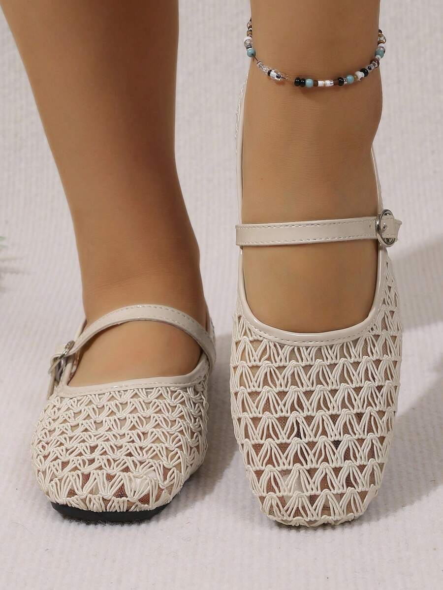 Giày Mary Jane nữ xuân/hè bằng lưới thoáng khí, mũi vuông, quai đơn, đế mềm, giày bệt thấp đa năng - Màu be - Xem 1