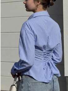 Striped Polyester Back Tie Shirt For Office, Daily Wear, Date, Airport, Travel, Home, Spring, Autumn, Winter - Sky Blue - View 4