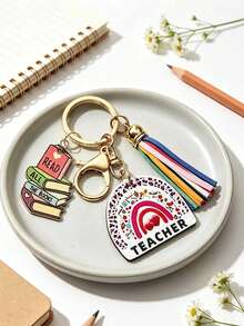 1pc Teacher Theme Keychain, Rainbow Leopard Print Wooden Pendant With Book Charm And Colorful Tassel, Portable Key Ring Accessory, Suitable For Car Keys And Bag Decoration, Ideal Thank You Gift For Educators On Teacher's Day, Back To School And Holidays - Multicolor - View 6