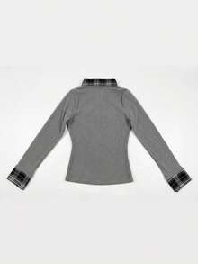 Atasan Dalaman Wanita 2 In 1 Motif Kotak-kotak Patchwork Kerah Polo Merah Lengan Panjang Bahan Halus Potongan Slim Fit - Grey - View 7