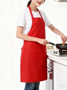 1/2/5pcs Women's Polyester Apron Set, Simple Red Apron With Pockets, Thickened Waistband, Fashionable Home Kitchen Workwear, Kitchen Supplies - Red - View 2