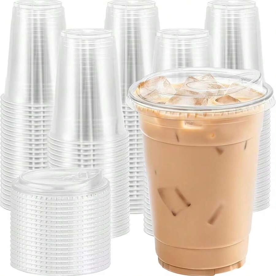 1/10/20/30/40/50/100pcs Clear Cups With Direct Drinking Lids, Transparent Design, Suitable For Coffee, Smoothies, Soda, Party Drinks, Bubble Tea And Iced Drinks, Party Beverage Clear Cups, Lid Function - Clear - View 1