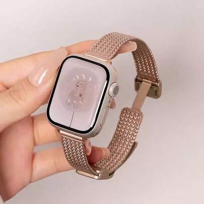 1pc Women's Compatible Band, 14mm Narrow Metal Magnetic Strap, Rose Gold, Compatible With Apple Watch 46/45/41/40/42/38/49/44mm, Compatible With Apple Watch SE/S10/9/8/7/SE4/5/6/3/2/1 Ultra 3/2/1, Woven Texture Design, Premium Watch Band, Autumn/Winter Slim Metal Smart Watch Strap, Accessory