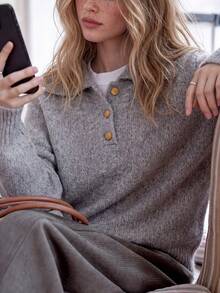 Women's Winter Grey Knit Pullover Sweater, Button Detail, Long Sleeve, Cropped - Grey - View 5