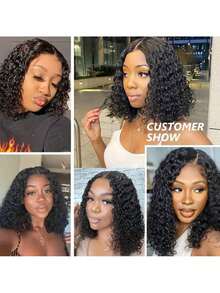 16 inch P4/27 Deep Wave Highlighted Bob pruik van echt haar, 5x5 honingbruin krullend haar, glueless pruik van echt haar voor vrouwen, korte HD lace front pruik - Natural Black - Bekijken 10