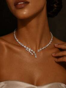 outingfit 1pc Silver Pear-Shaped Waterfall Y-Drop Necklace, Sparkling V-Neck Collarbone Pendant, Bridal Wedding Prom Banquet Dress Gift Accessory - Silver - View 4