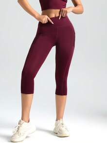 Celana Pendek Olahraga Wanita Warna Polos Panjang Sedang Saku Pinggang Tali Serut Pengontrol Perut Cocok untuk Kembali ke Sekolah dan Kostum Halloween - Red Violet - View 2
