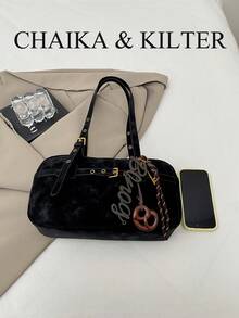 CHAIKA & KILTER 1pc Solid Color Suede Fabric Women's Vintage Fashion Matte One Shoulder Bowling Bag, Contrast Quilted Stitching, Dual Handle Design, Zipper Closure, Suitable For Daily And Travel Use (Includes Pendant) - Black - View 4