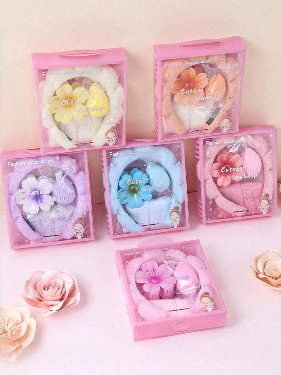 Set de 5 diademas gruesas para SPA con diseño de flor, diadema para lavado de cara con burbujas de nube, accesorios para el cabello de cuidado de la piel, incluye esponja de maquillaje y caja de regalo - Multicolor - Ver 1