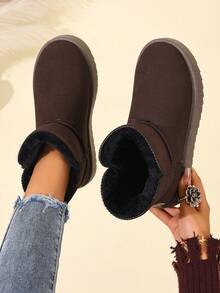 Women's New Winter Snow Boots, Solid Color, Warm Fleece Lining, Thick Sole, Short Shaft, Fashion Casual Outdoor Non-Slip Slip-On - Coffee Brown - View 1