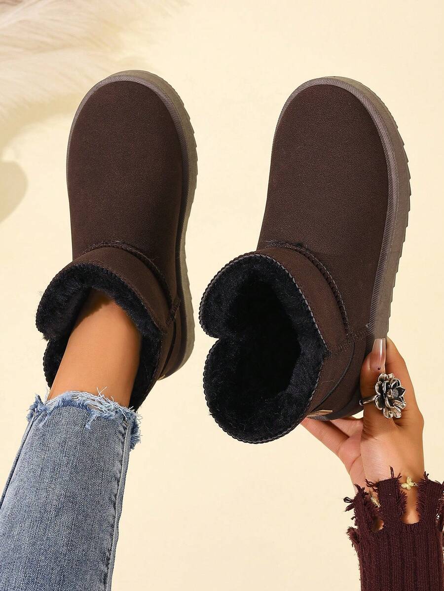Women's New Winter Snow Boots, Solid Color, Warm Fleece Lining, Thick Sole, Short Shaft, Fashion Casual Outdoor Non-Slip Slip-On - Coffee Brown - View 1