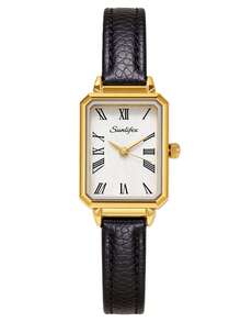 1pc Women's Rectangular Retro Quartz Watch,Gold Alloy Case,White Corrugated Dial,Black PU Strap,Elegant Watch,Suitable For Daily Wear And Gift Giving - White - View 7
