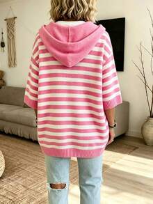 Sweater Rajut Bergaris Longgar Berkerudung Motif Blok Warna untuk Wanita Ukuran Plus, Cocok untuk Musim Gugur/Dingin - Berwarna merah muda - View 4