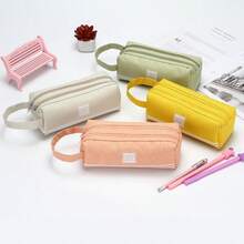 1 pièce Trousse à crayons en tissu Oxford de couleur unie avec double fermeture éclair, grande capacité, créative, simple, portable, logo personnalisé, trousse à crayons de papeterie pour garçons, filles, étudiants, école, rentrée scolaire, esthétique Ins - 1 pièce - Voir 2