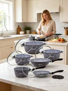 8/10/12pcs Marble Coated Aluminum Cookware Set, Grey Blue Speckled Pot Body, Compatible With Gas Stoves And Induction Cooktops, For Soup Boiling, Braising And Frying Various Ingredients In Household Kitchens - View 1