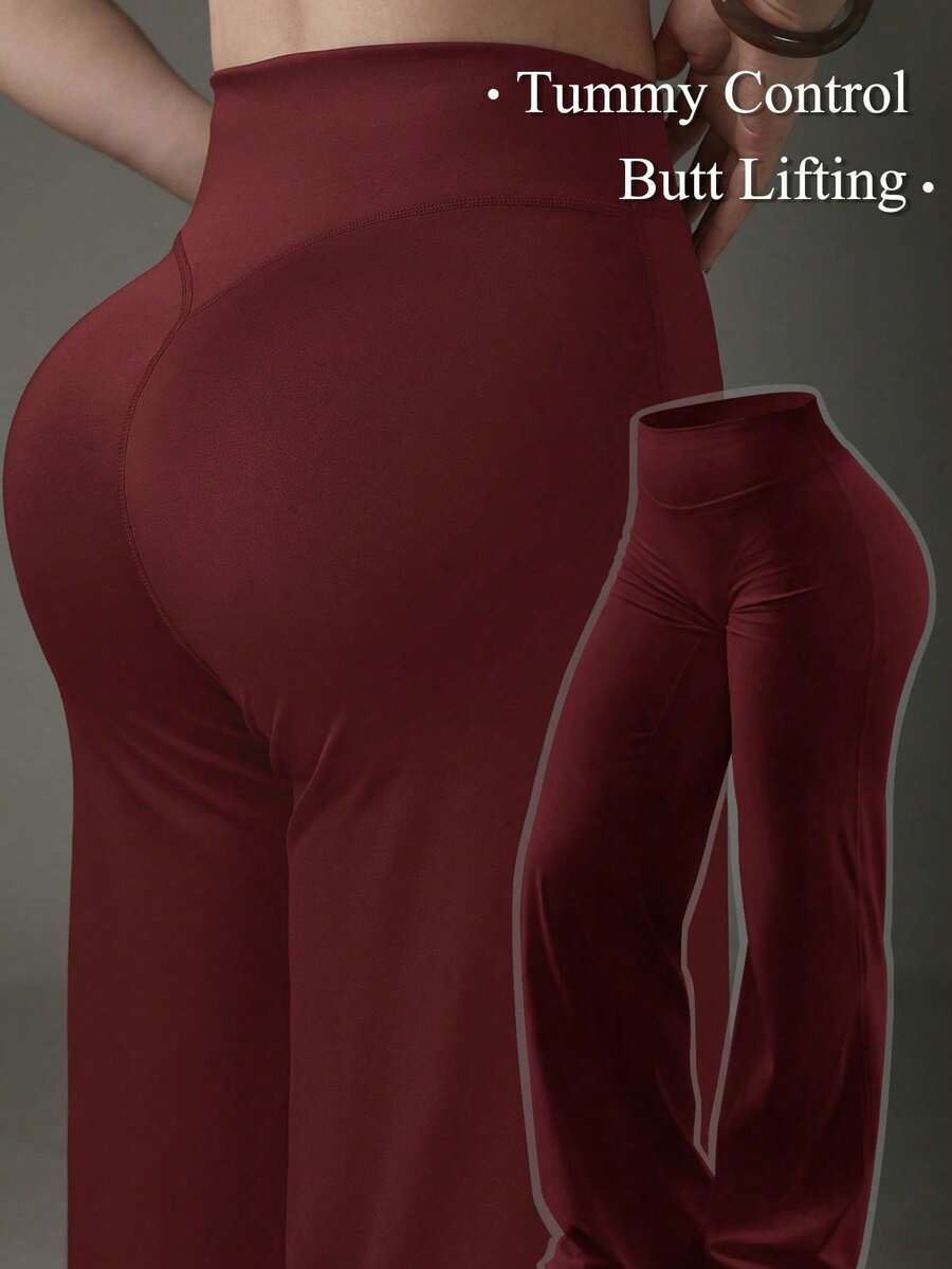 One Piece Women's Solid Color High Waist Yoga Long Loose Wide Leg Pants, Comfortable Slimming, Suitable For Running And Fitness, Versatile - Burgundy - View 1