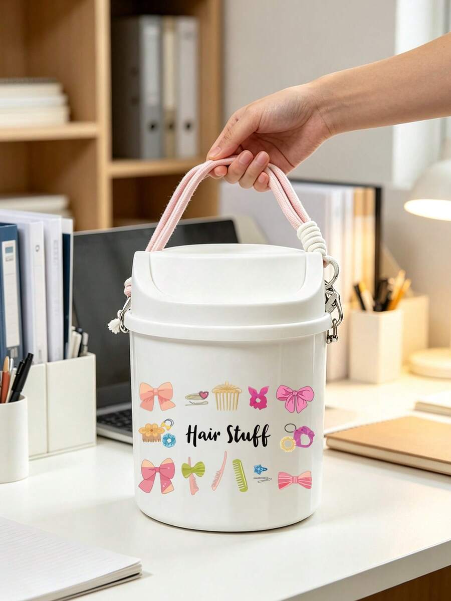Stylish Cosmetics Print Swing Lid Car Trash Can, Detachable Hanging Rope,Multifunctional Desktop Sundry Storage Bucket, Makeup Brush Holder, Car Interior Decor, Back To School Holiday Gift,Household Essentials And Portable Travel Containers - Multicolor - View 1