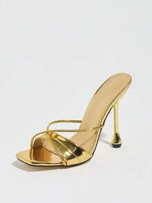 Women's Gold Criss-Cross Thin Strap Mule High Heel Sandals, Square Toe Open Toe Water Drop Asymmetric Heel Party Shoes, Glamorous High Heels For Spring And Summer - Gold - View 9