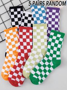 5/10 Pairs Men's Mid-Calf Socks, Colorful Checkerboard Pattern Street Style Unisex Comfortable Versatile Fashion Socks - Multicolor - View 7