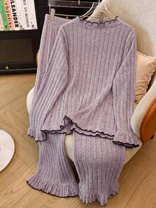 Autumn/Winter Girls'sweet Bow Decoration Pink Long Sleeve+Long Pants Pajamas Two Pieces Set,Comfortable And Casual Fabric,Suitable For Sleeping At Home - Pink - View 4