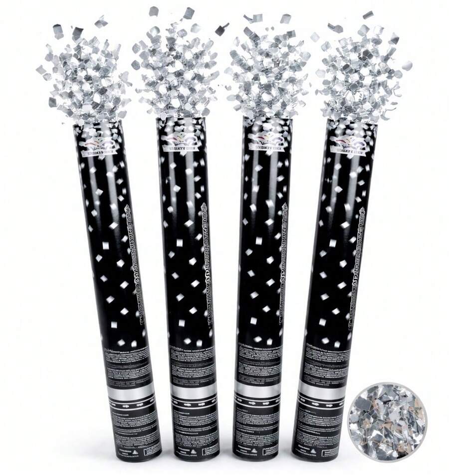 4 Pieces Silver Rectangular Confetti Cannon 30cm - Pack Of 4 Handheld Confetti Launchers For Birthdays, Weddings - Easy Grip - 4 Pcs - View 1