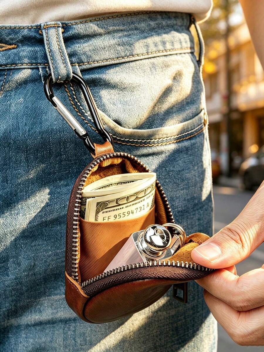 Leather Key Pouch With Carabiner, Mini Zipper Coin Purse, Portable Small Storage Bag For Keys, Cash And Cards, Halloween, Christmas, Back To School Must Have - Multicolor - View 1