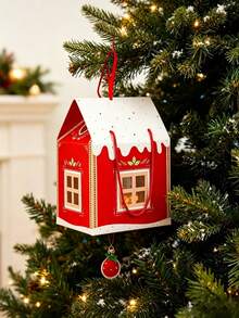 1pc Christmas House Shaped Gift Box With Handle, Cartoon Christmas Tree & Snowman Pattern Gift Packaging Box, Includes Gift Tag, Christmas Window Display Design Paper Dessert Box, Suitable For Winter Holiday Christmas Party Favors - Multicolor - View 4